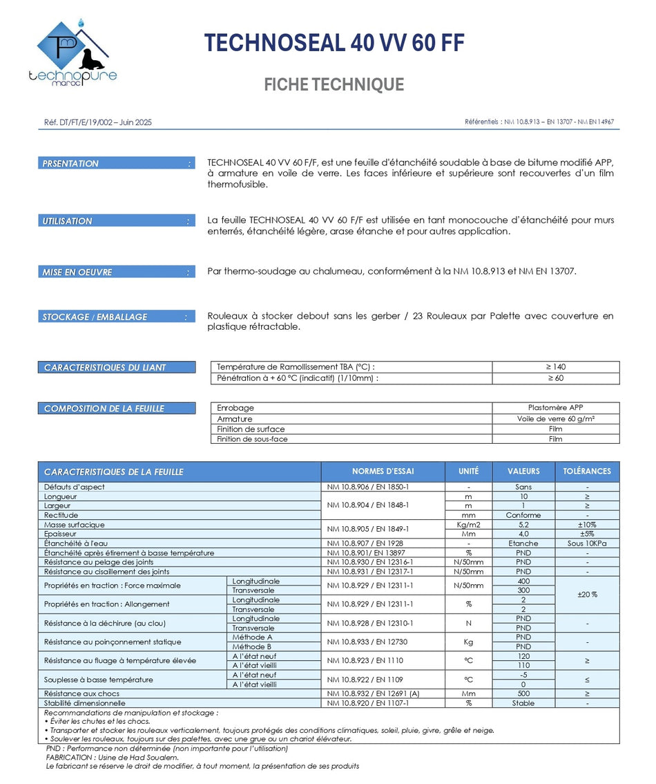 لفة عازلة TECHNOSEAL 40 VV 60 FF - APP / نسيج زجاجي - 1*10 متر طولي