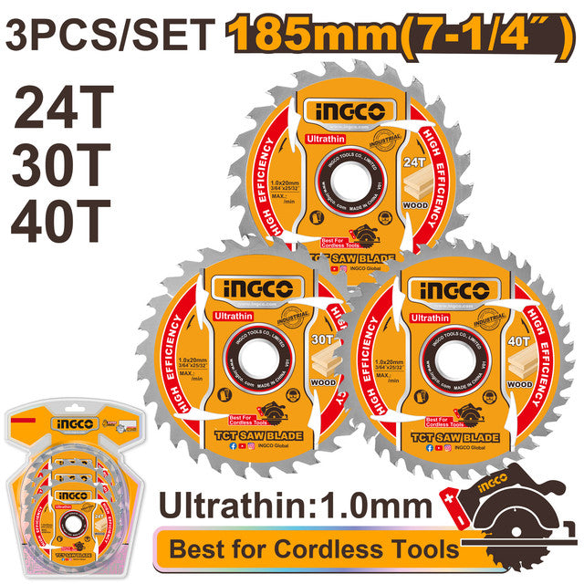 Lot 3 lames TCT 185mm (24, 30, 40 dents).
