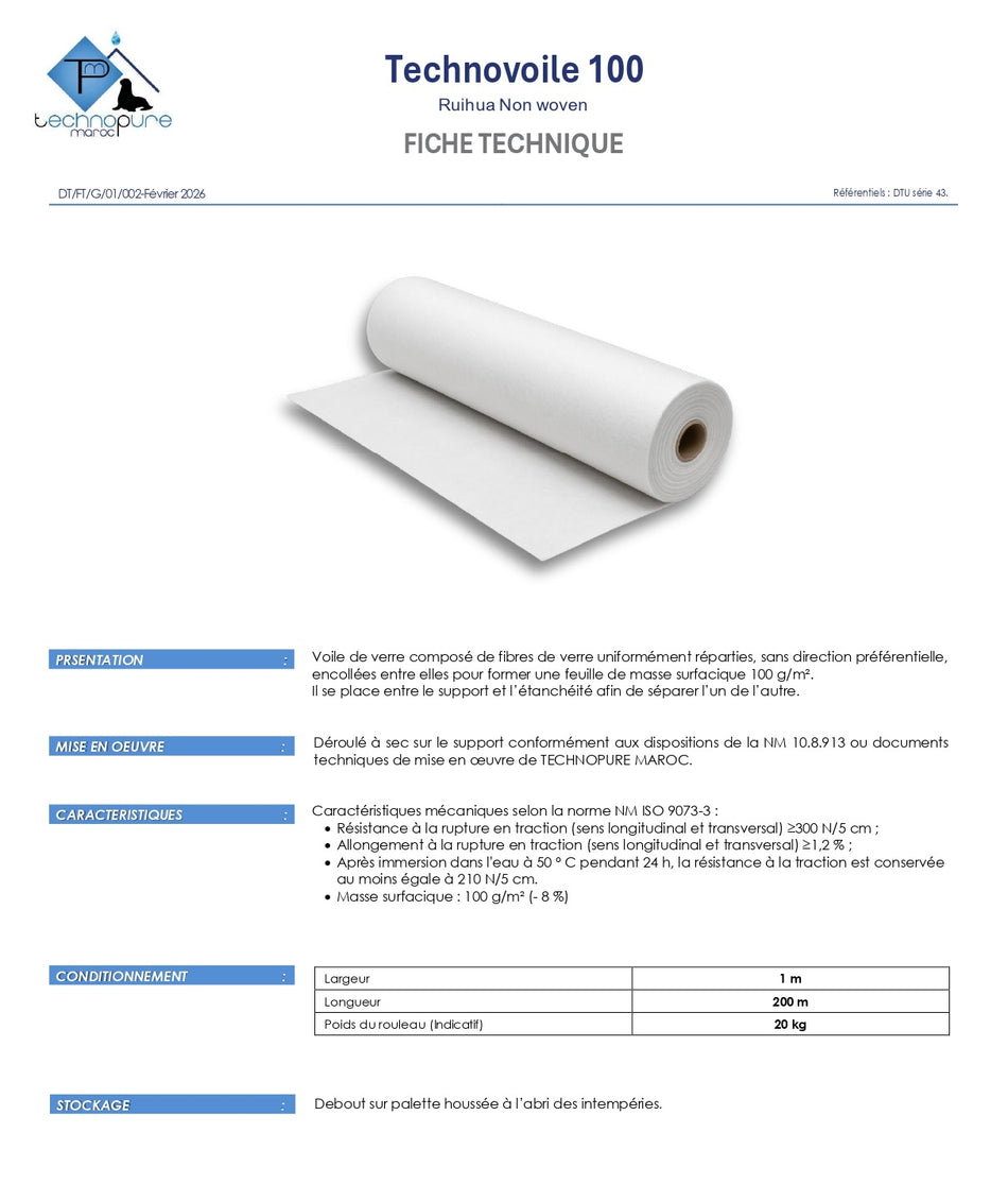 Fiberglass independence screen - separates sealing materials 100 Grs / M2 - TECHNOVOILE 100 - Roll 1 M X 200 M = 200M2