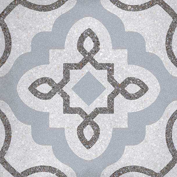 Carrelage TERCELLO HUMO 20x20 Grés Cérame émaillé MAT de la marque Vives présente un motif ornemental rétro avec une texture subtile rappelant l'effet TERRAZZO ou le carreau de ciment traditionnel.