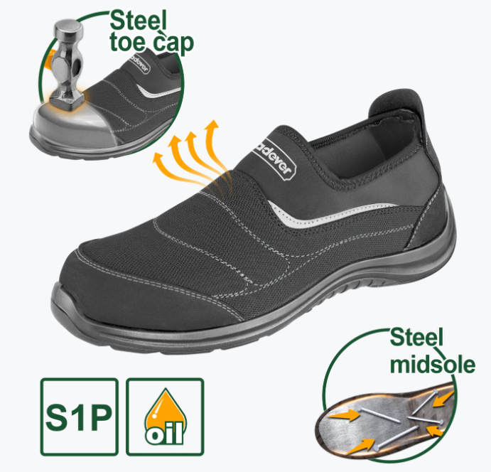 Chaussure de sécurité Classe de sécurité : S1P Embout de sécurité : acier Semelle intermédiaire : acier Matériau de la semelle extérieure : PU/PU Semelle en PU double densitéEmballé dans une boîte colorée JADEVER JDSB4540