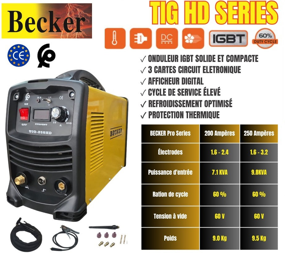 Poste à souder "Professionnel" TIG HD / Soude l'aluminium et l'acier inoxydable sous argon - MMA 200A onduleur IGBT (Insulated Gate Bipolar Transistor) BECKER - Très haut rendement avec un cycle à 60%