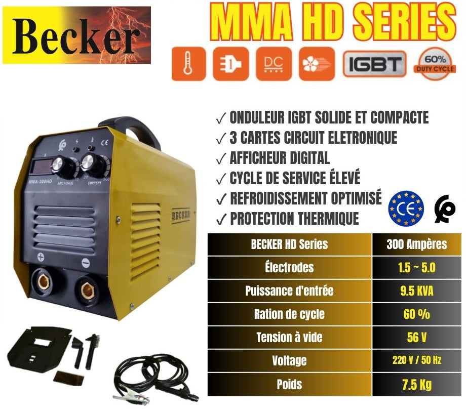 Poste à souder "Professionnel" MMA 300A onduleur IGBT (Insulated Gate Bipolar Transistor) BECKER - Très haut rendement avec un cycle à 60%