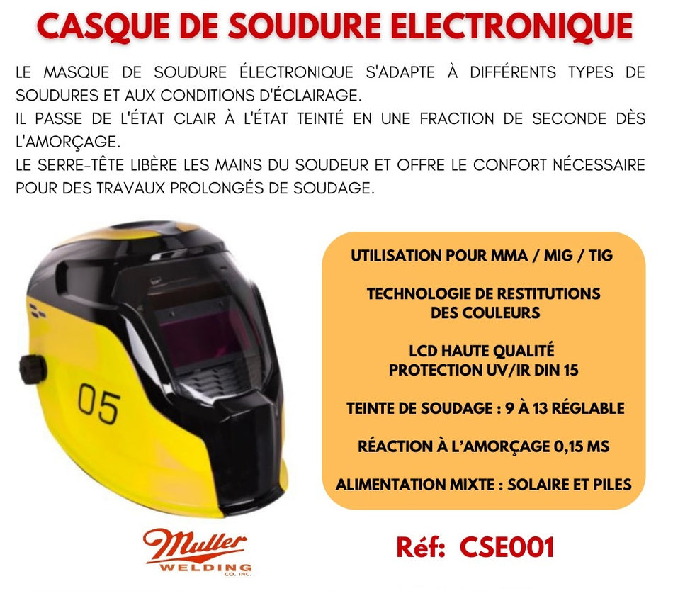 Casque de soudure électronique MULLER avec écran LCD et teinte automatique pour soudure TIG / MIG / MMA