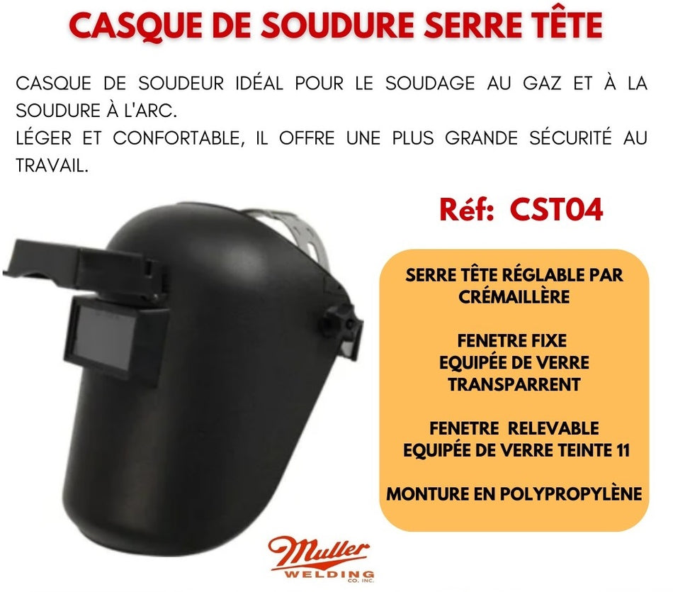 Casque de soudure Standard MULLER pour soudure ARC / MMA / FLAMME - Verre teinté N°11