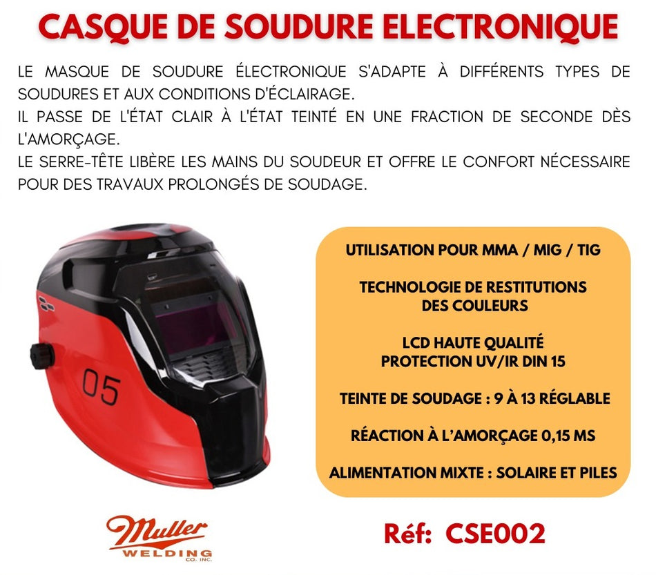 Casque de soudure électronique MULLER avec écran LCD et teinte automatique pour soudure TIG / MIG / MMA