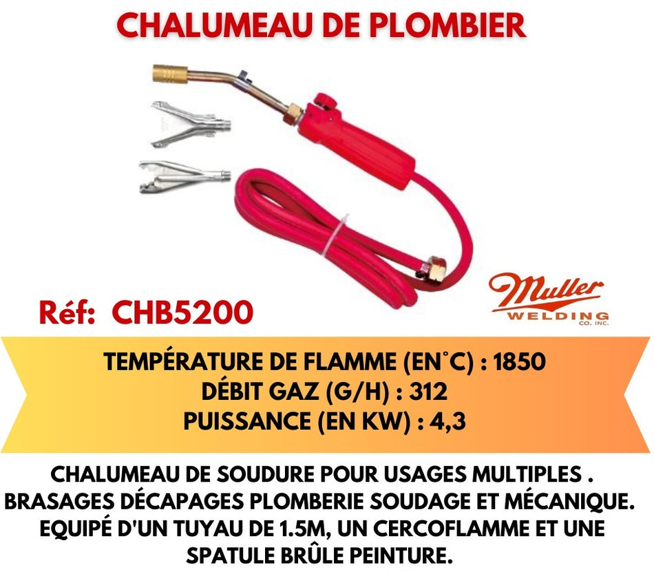 Chalumeau de plombier EUROTUB pour usage multiple - Livré avec 1M50 de tuyau - 1850°