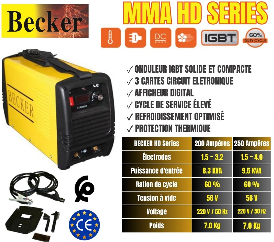 Poste à souder "Professionnel" MMA 250A onduleur IGBT (Insulated Gate Bipolar Transistor) BECKER - Très haut rendement avec un cycle à 60%