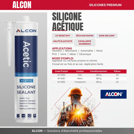 Mastic silicone acétique en cartouche 280 g, coloris noir, blanc et transparent pour joints