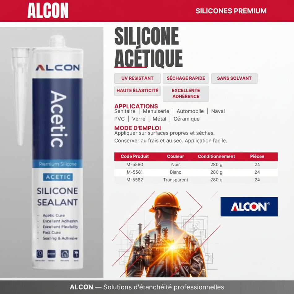 Mastic silicone acétique en cartouche 280 g, coloris noir, blanc et transparent pour joints