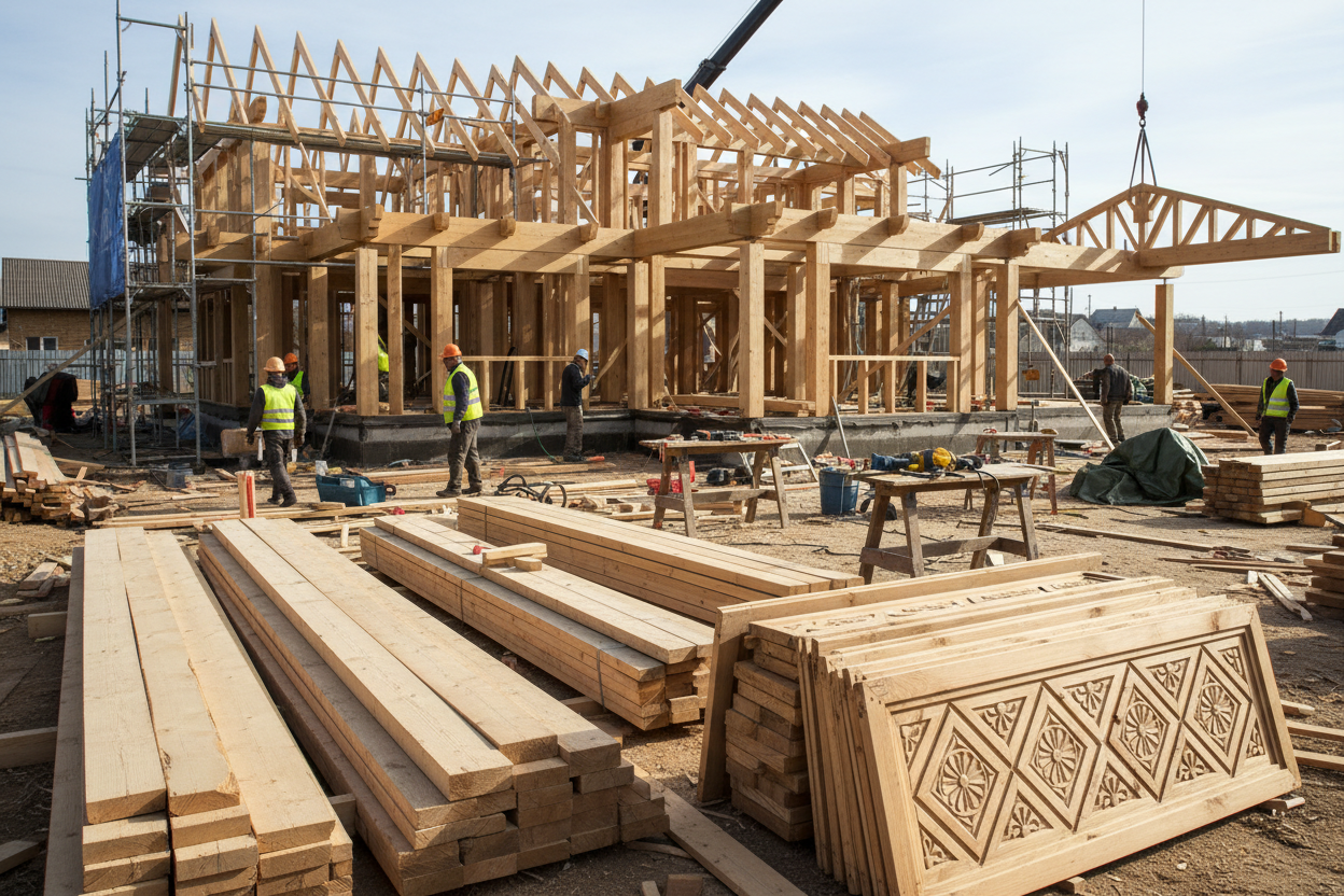 CHANTIER DE MAISON EN BOIS AVEC UN TAS DE BOIS ET DE PANNEAU DECORATIF