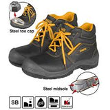Chaussures de sécurité INGCO certifiées S1P, elles intègrent un embout de protection et une semelle intercalaire en acier, ainsi qu'une tige en cuir fendu et une semelle en PU double densité.