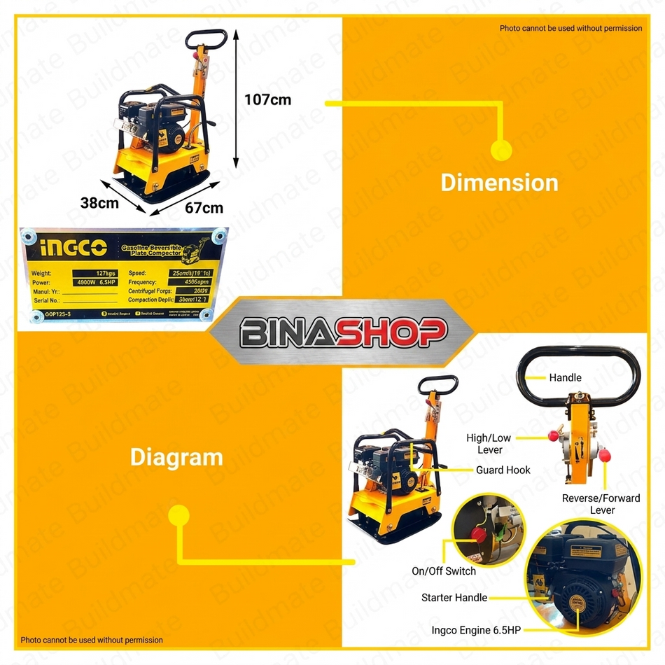 Plaque vibrante réversible 126kg, moteur Honda GX160 - Force 25kN - Vitesse de déplacement : 25cm / s - Efficacité: 500M2 / Hr - Binashop