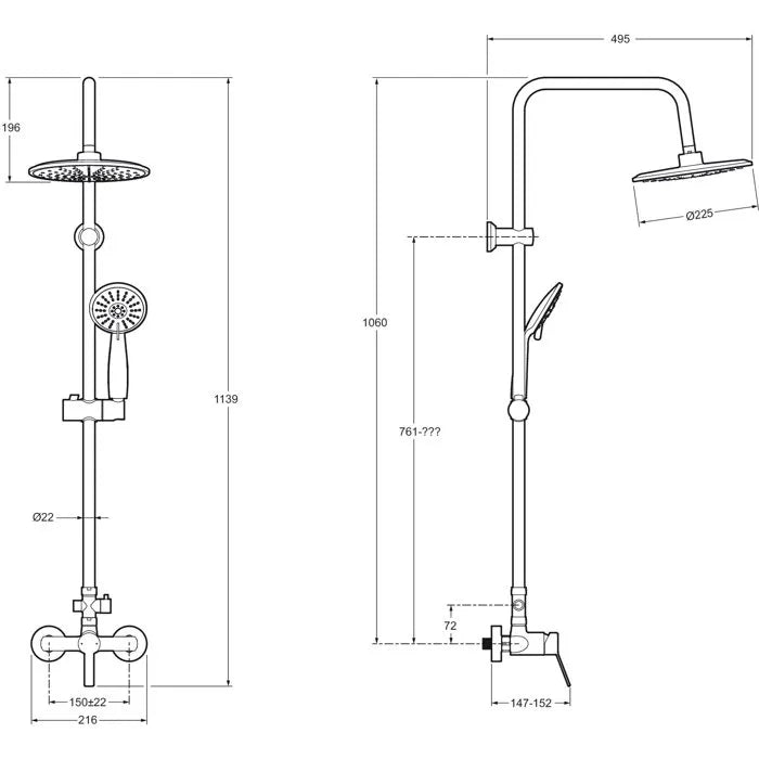 Colonne de Douche EO Mécanique - Pomme de Tête Ronde 22,5 cm - Douchette 3 Jets 10,5 cm - Installation facile – Économie d’eau - Finition Chrome - E39196-4-CP By Jacob Delafon Paris