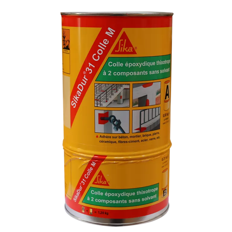 Sikadur® 31 Colle M est une colle thixotrope à 2 composants sans solvant, à base de résine époxydique et des charges spéciales. Après mélange on obtient, une colle couleur gris béton.