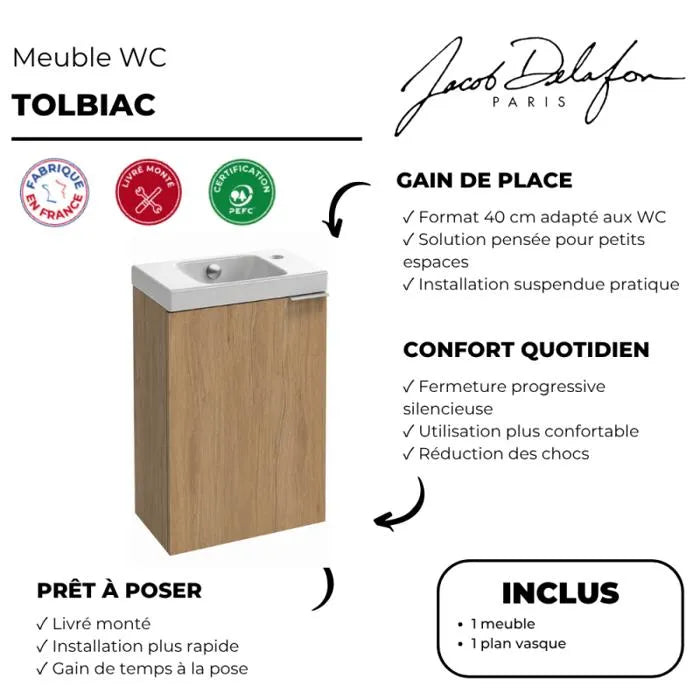 Ensemble lave-mains TOLBIAC L.40 x P.25 x H.50 cm, avec lave-mains céramique percé 1 trou et Meuble sous lave-mains porte réversible mélaminé finition Chêne Colorado Réf. EBP2349-ECD By Jacob Delafon Paris