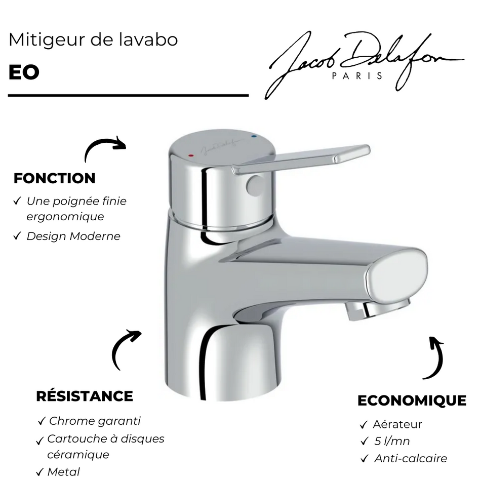 Mitigeur Lavabo EO - Economie d'eau - Hauteur sous Bec 5,7cm - Avec Flexibles d’Alimentation - 10,5x13,6x4,5cm - Finition Chrome - E24158-CP By Jacob Delafon Paris