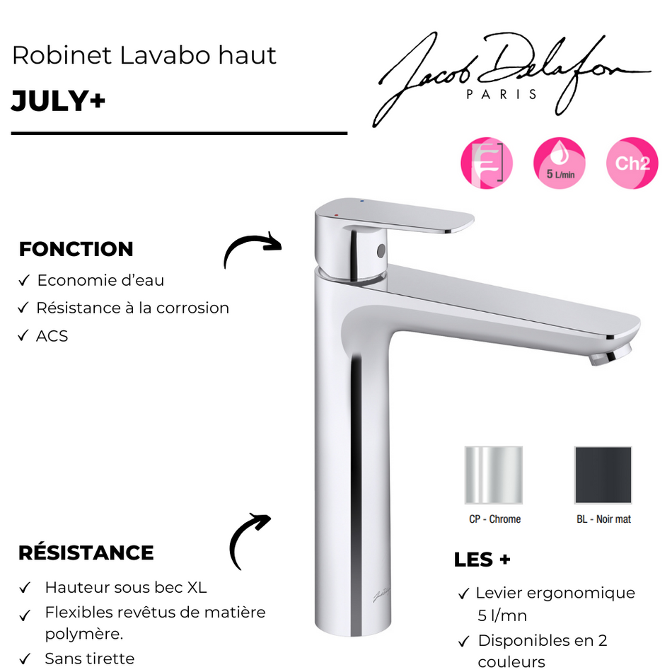 Mitigeur Lavabo JULY - Bec haut - Avec Flexibles d’Alimentations - Finition Chromé -  Réf : E35666-4ND-CP By Jacob Delafon Paris