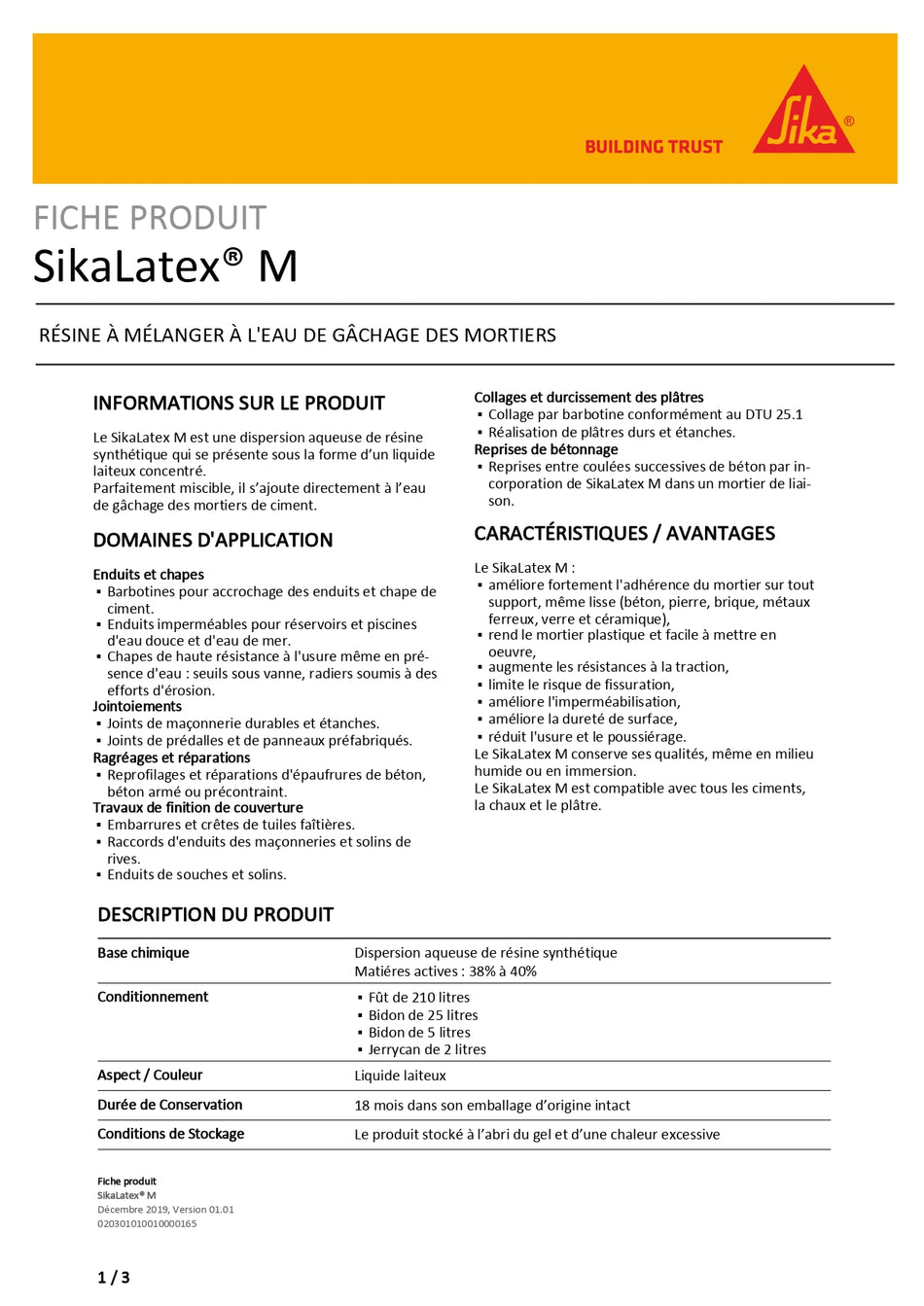 Sika® Latex M Résine à mélanger à l'eau de gâchage des mortiers, Collage, durcissement des plâtres, travaux d'étanchéité et de finition de couverture - 2 ou 5 Litres