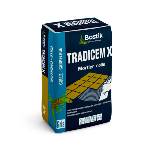 Mortier colle TRADICEM X By Bostik - Coloris Gris - pose de revêtements céramiques et assimilés (carrelages, mosaïques) en sols et murs intérieurs & extérieurs - Sac 25kg