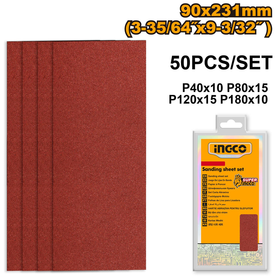 Set de 50 feuilles abrasives (90x231mm). Grains P40,80,120,180. Multi-supports.